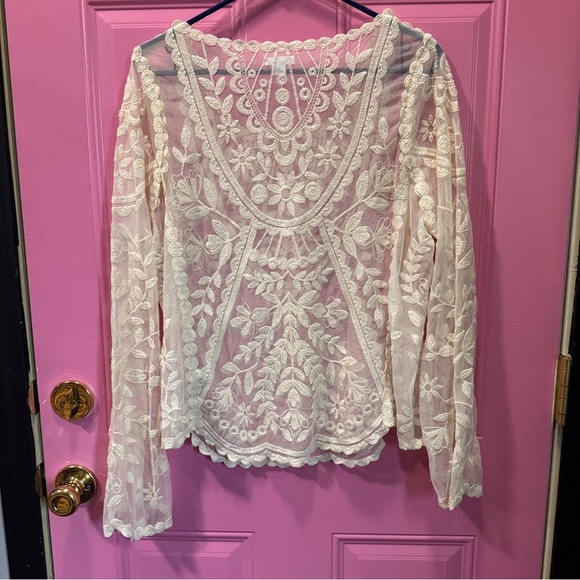 Xhilaration Cream Lace Fitted Long Sleeve Blouse - Picture 5 of 5